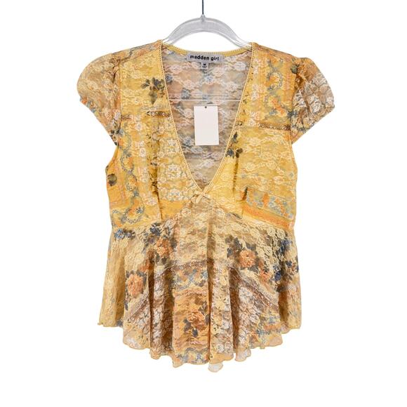 Madden Girl Yellow Floral Lace Peplum Top Romantic Coquette Balletcore M y2k - Picture 2 of 9